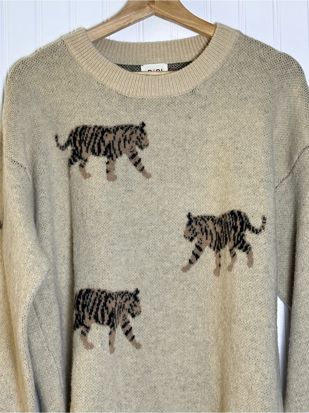 BIBI Tabitha Tiger Pattern Knit Sweater XL Oversized Casual Oatmeal/Beige - Picture 4 of 10